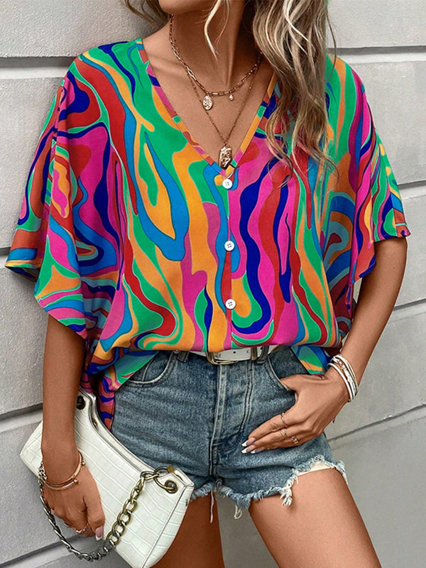 Batwing Sleeves Loose Buttoned Printed V-Neck Blouses&Shirts Tops