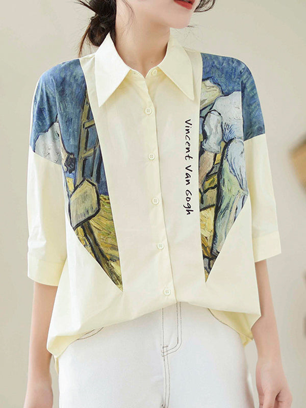 Half Sleeves Loose Printed Lapel Blouses&Shirts Tops