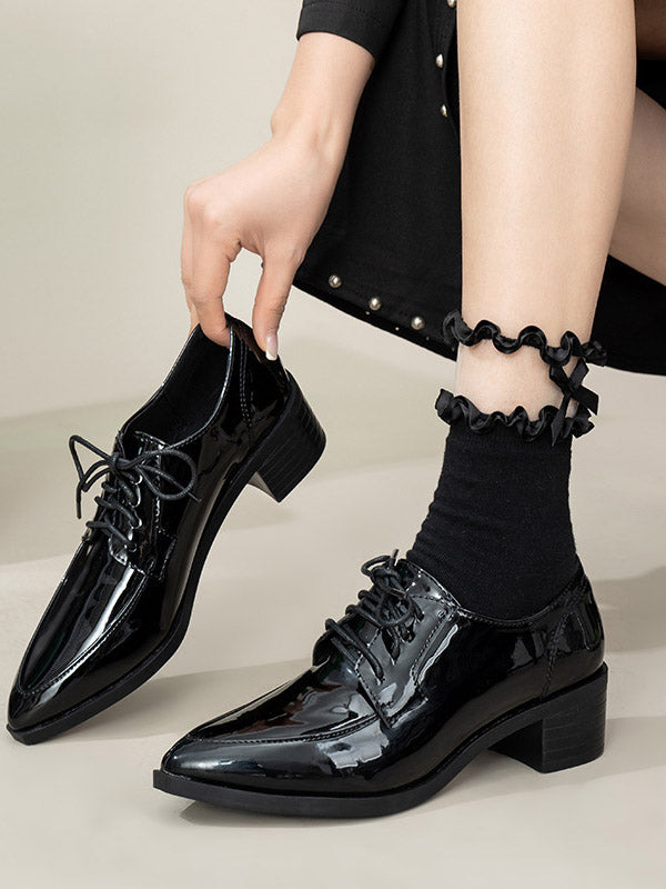 Lace-Up Pointed-Toe Shiny Split-Joint Pumps