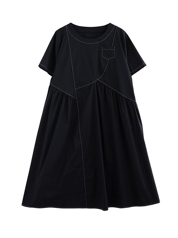 A-Line Loose Asymmetric Pleated Pockets Solid Color Split-Joint Round-Neck Midi Dresses