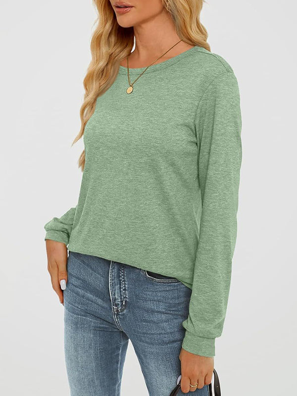 Long Sleeves Loose Solid Color Round-Neck T-Shirts Tops