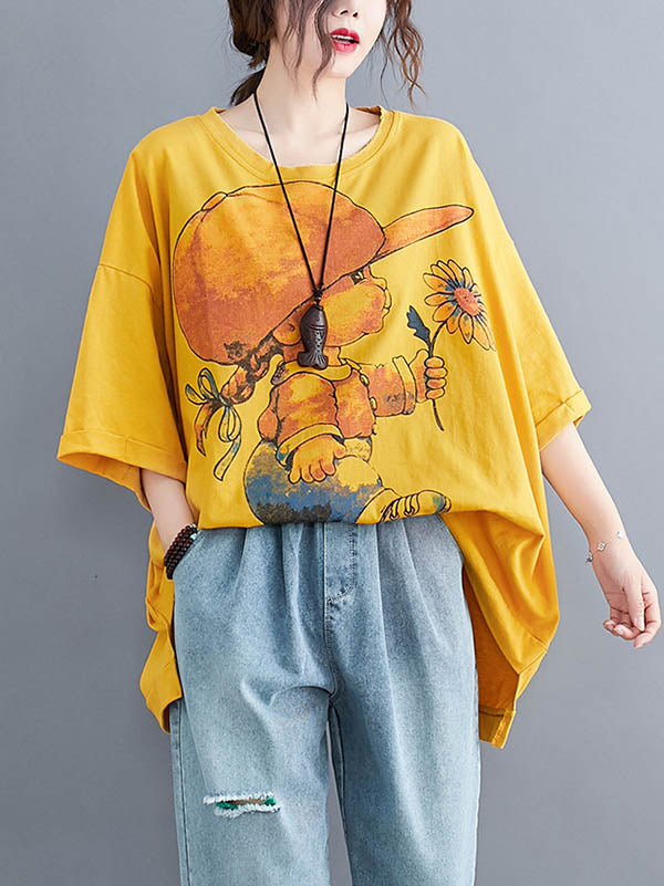 Original Cartoon Printed Round-Neck T-Shirts Tops