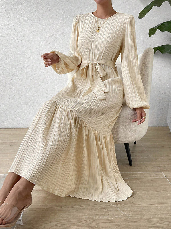 A-line Long Sleeves Elasticity Pleated Solid Color Split-Joint Tied Waist Round-neck Midi Dresses