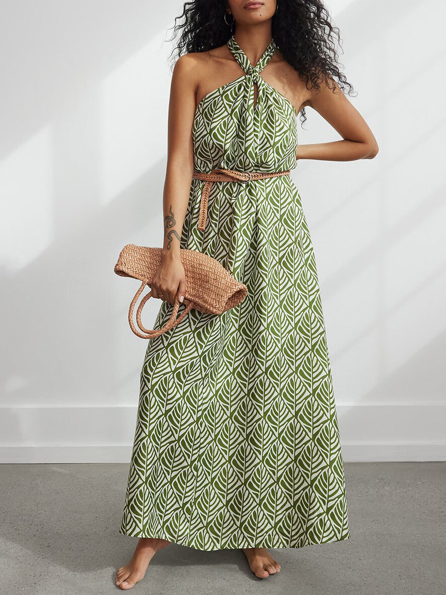 Summer Halter Neck Geometric Print Midi Dress