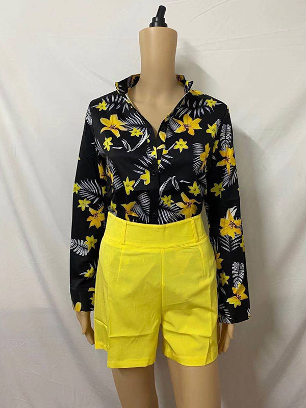 Long Sleeves Buttoned Flower Print Deep V-Neck Shirts Top +Belted Shorts Bottom Two Pieces Set