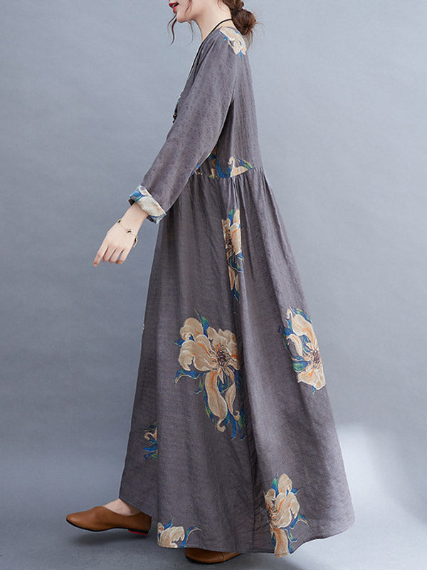 Casual Loose Pleated Flower Printed Round-Neck Long Sleeves Maxi Dress