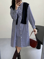 Long Sleeves Loose Striped Round-Neck Midi Dresses Shirt Dress