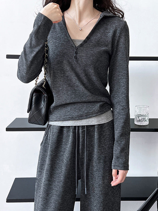 Long Sleeves Buttoned Hooded  T-Shirts Top + Vest Top + Wide Leg Drawstring Elasticity Pants Bottom Three Pieces Set