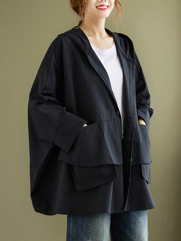 Loose Solid Color Buttoned Hooded Long Sleeves Trench Coat