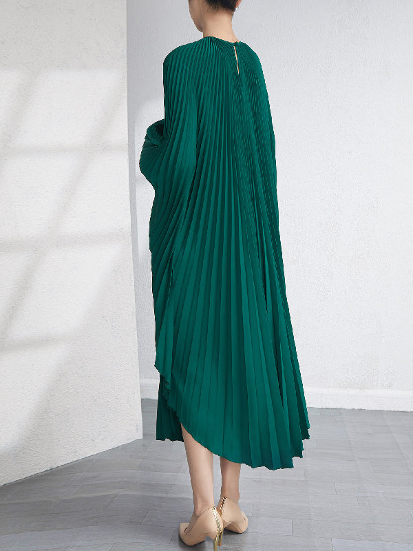 Batwing Sleeves Loose Pleated Solid Color Maxi Dresses