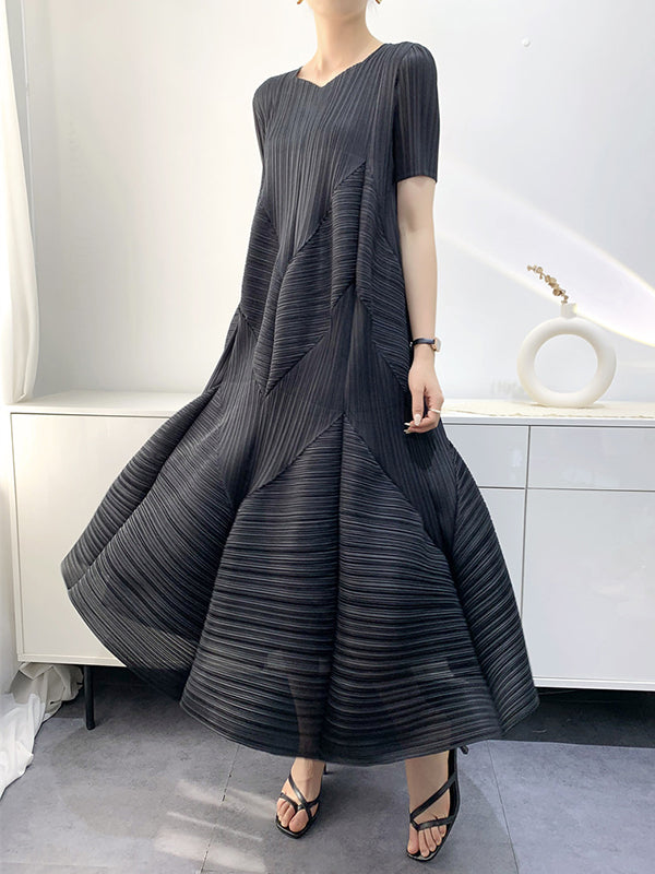 Loose Short Sleeves Pleated Solid Color Split-Joint V-Neck Midi Dresses