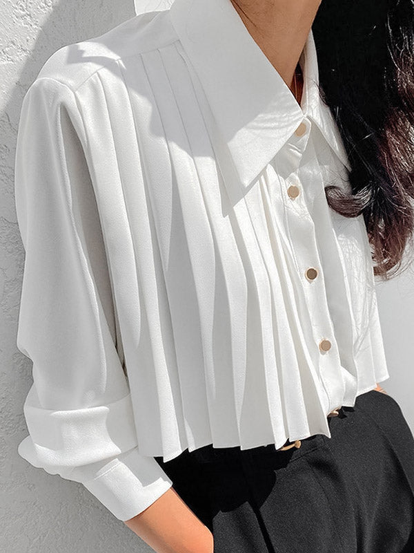 Long Sleeves Loose Pleated Split-Joint Lapel Blouses&Shirts Tops