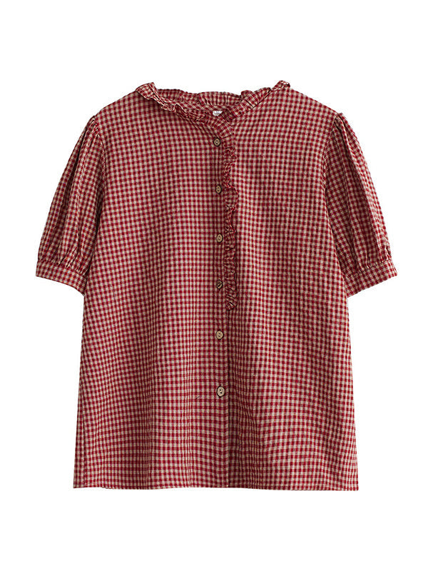 Loose Oversize Plaid Pleated Split-Joint V-Neck Blouses