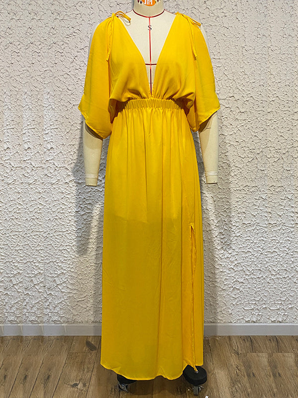 Batwing Sleeves Loose Solid Color Split-Front Deep V-Neck Maxi Dresses