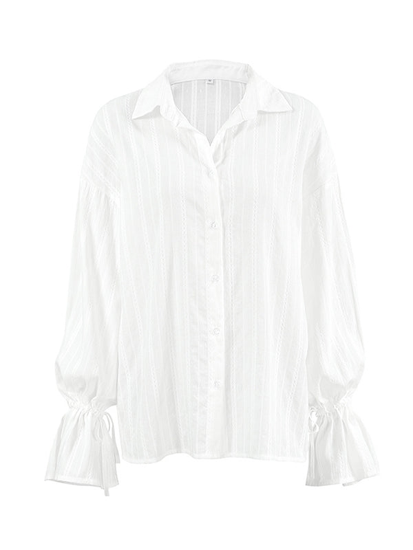 Flared Sleeves Long Sleeves Buttoned Elasticity Jacquard Solid Color Lapel Blouses&Shirts Tops