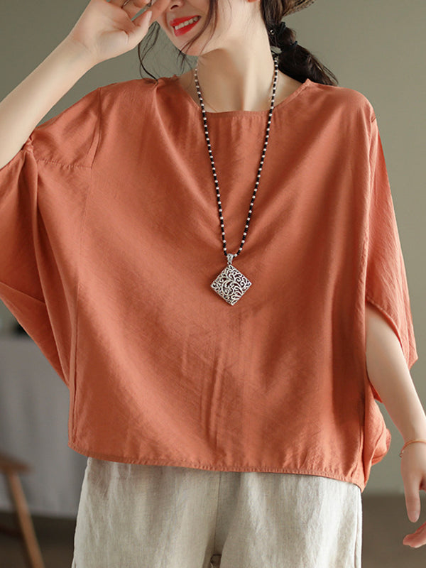 Vintage Loose Round-Neck Batwing Sleeves T-Shirt