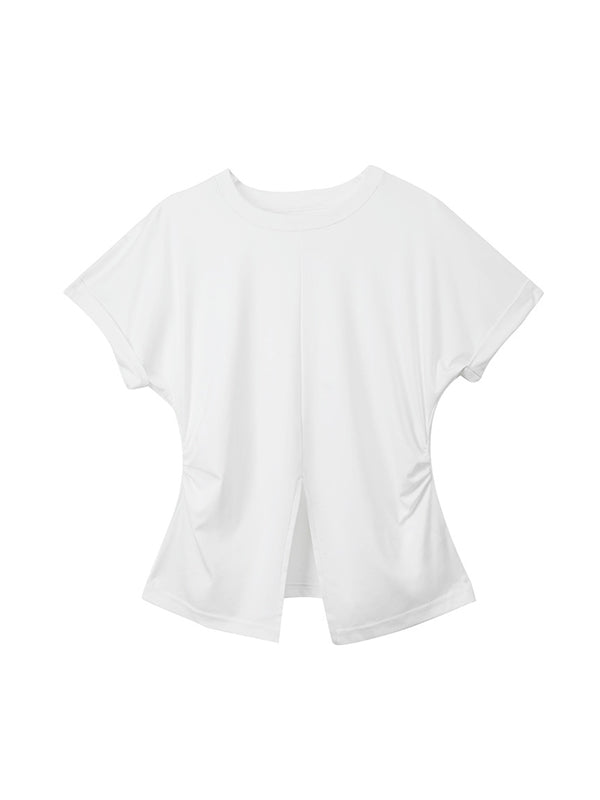 Batwing Sleeves Loose Pleated Solid Color Split-Front Split-Joint Round-Neck T-Shirts