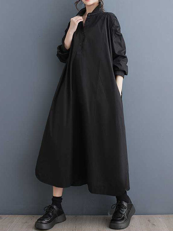 A-Line Long Sleeves Buttoned Hollow Pleated Pockets Solid Color Lapel Midi Dresses Shirt Dress