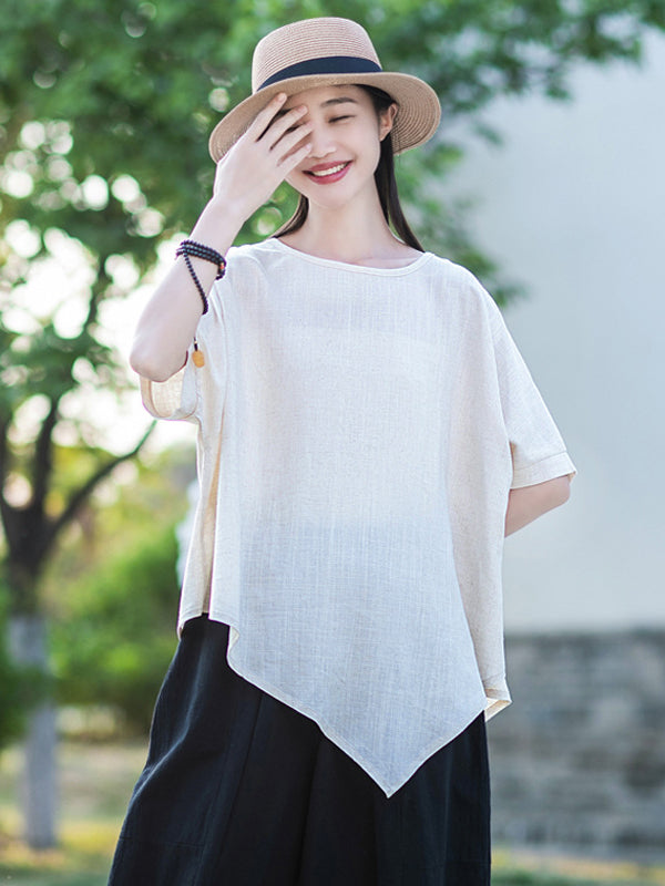 Artistic Retro Loose Linen Asymmetric T-Shirt Top