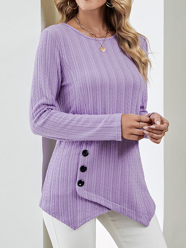 Long Sleeves Loose Asymmetric Buttoned Round-Neck T-Shirts Tops