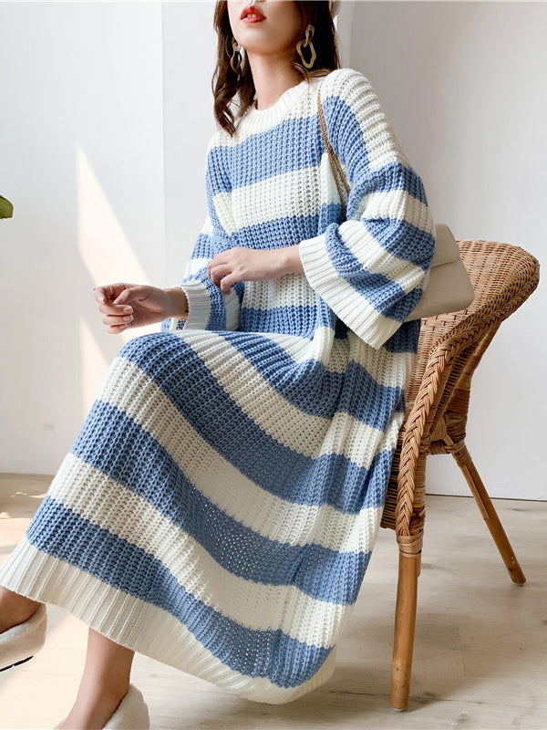 Stylish Loose Striped Round-Neck Sweater Dresses