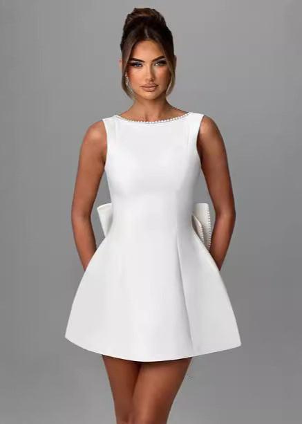 Pearl-Trimmed Bow Back Mini Dress - Chic Elegance