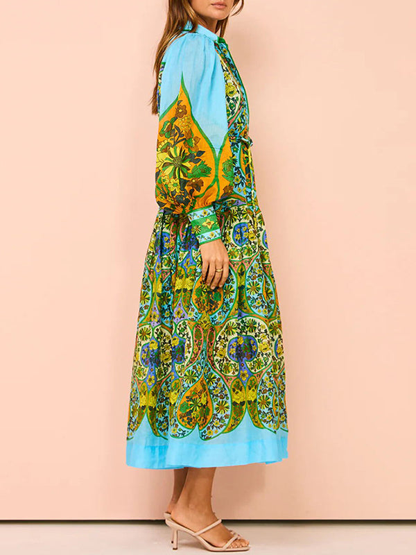 High Waisted Loose Puff Sleeves Belted Floral Printed Lapel Midi Dresses