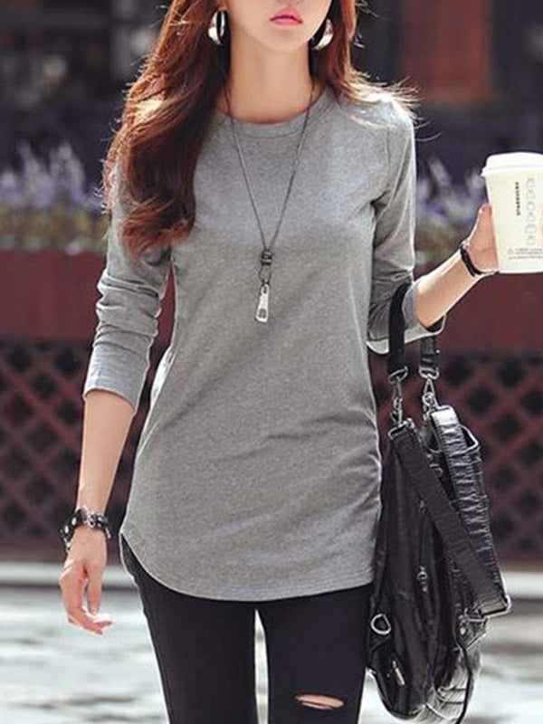 Long Sleeves Solid Color Round-Neck T-Shirts Tops