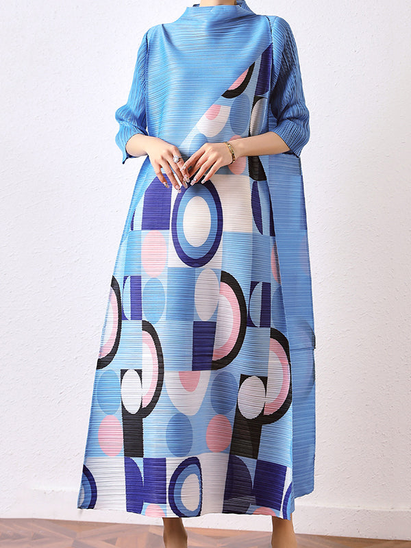 Fashion Loose Geometric Printed Pleated Midi Dress