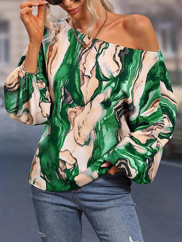 Long Sleeves Loose Asymmetric Printed One-Shoulder Blouses&Shirts Tops