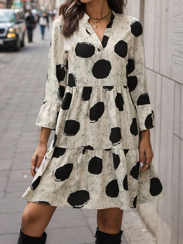 A-Line Flared Sleeves Pleated Polka-Dot Split-Joint V-Neck Mini Dresses