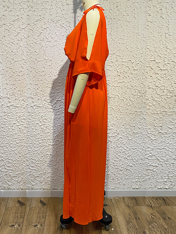 Batwing Sleeves Loose Solid Color Split-Front Deep V-Neck Maxi Dresses