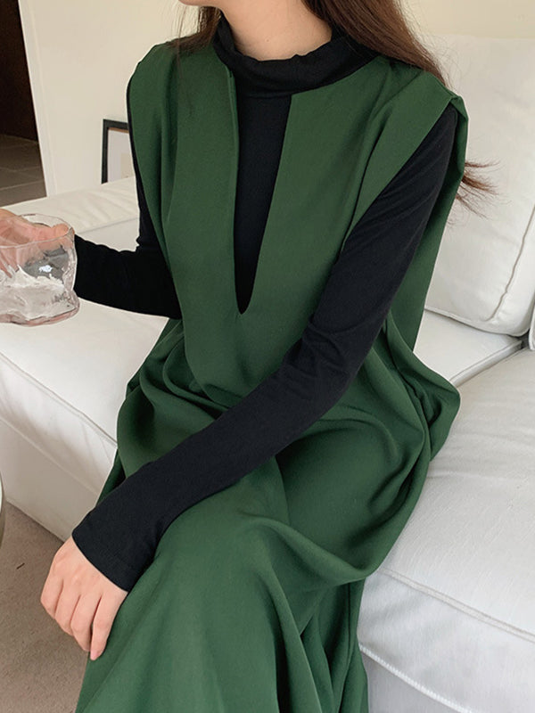 Casual Sleeveless Loose Solid Color V-Neck Midi Dresses