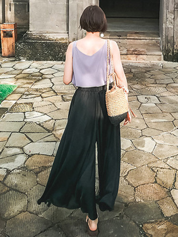 Simple Solid Color Elasticity High Waisted Wide Leg Pants