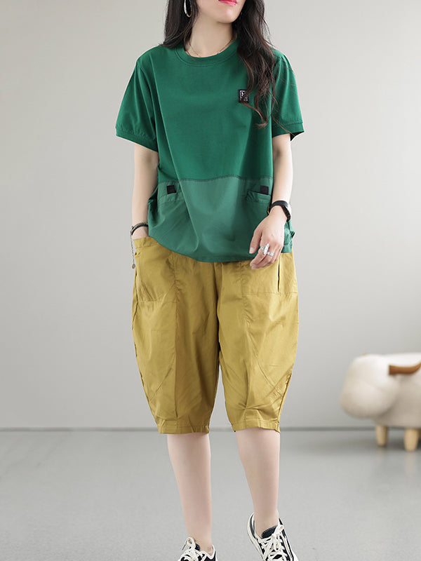 Loose Short Sleeves Split-Joint Round-Neck T-Shirts Tops