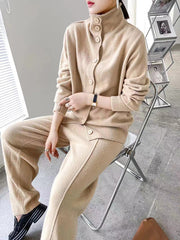 Urban Loose  Solid Color Cardigan Tops & Wide Leg Split-Front Pants Suits