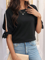 Half Sleeves Loose Hollow Split-Joint Tied Round-Neck T-Shirts Tops