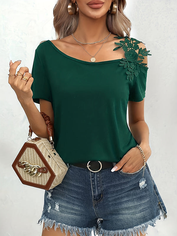 Loose Short Sleeves Asymmetric Flower Shape Solid Color Split-Joint Cold Shoulder T-Shirts Tops