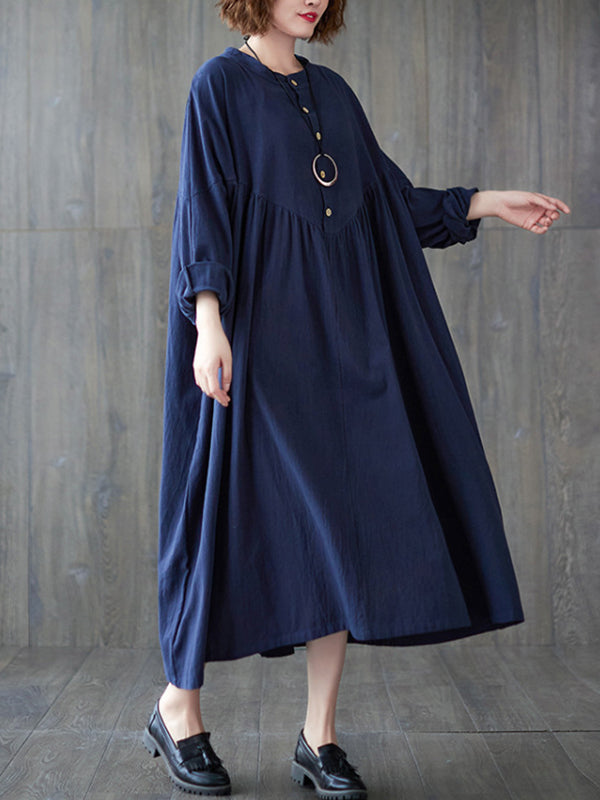 Loose Puff Sleeves Pleated Solid Color Stand Collar Midi Dresses