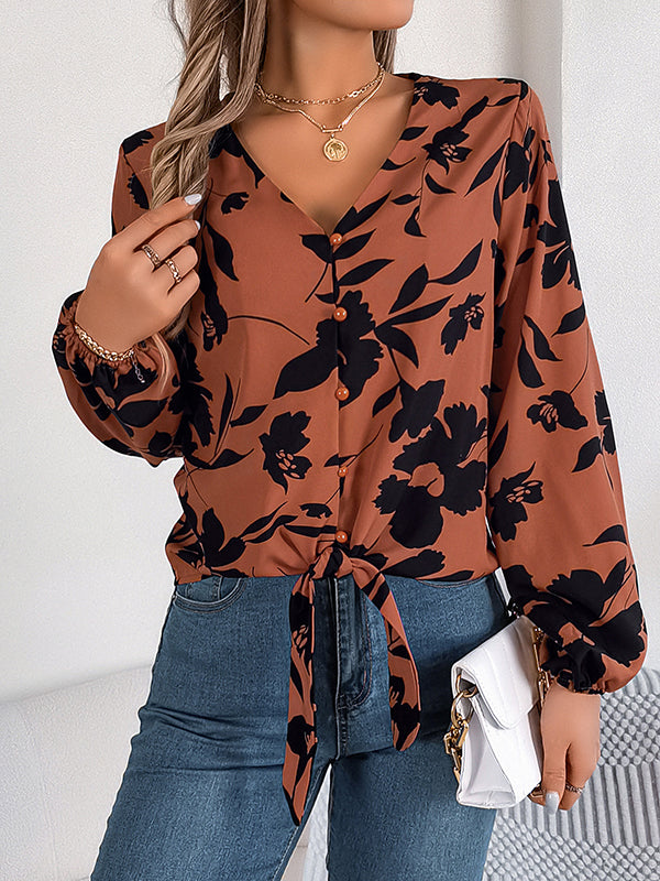 Long Sleeves Loose Buttoned Elasticity Flower Print Tied V-Neck Blouses&Shirts Tops