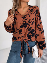 Long Sleeves Loose Buttoned Elasticity Flower Print Tied V-Neck Blouses&Shirts Tops