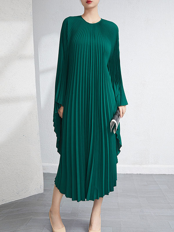 Urban Flared Batwing Sleeves Pleated Solid Color Round-Neck Midi Dresses