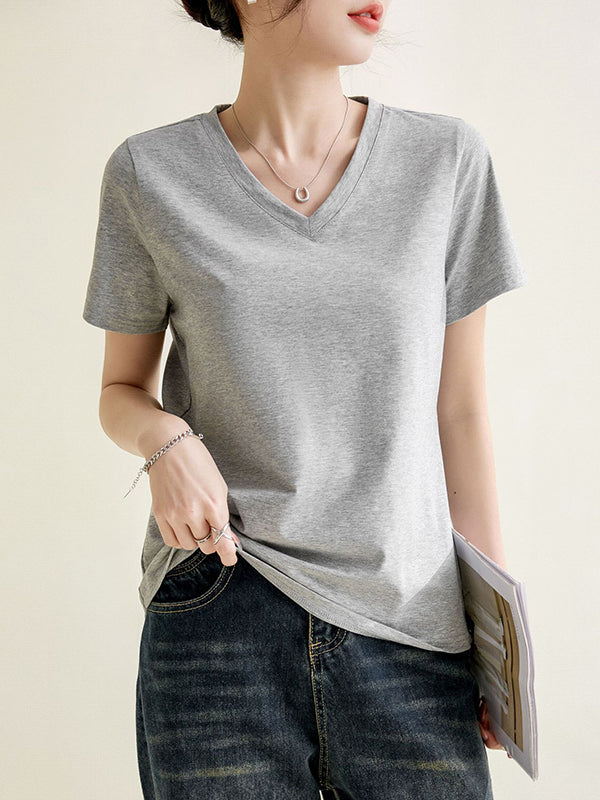 Loose Short Sleeves Solid Color V-Neck T-Shirts Tops