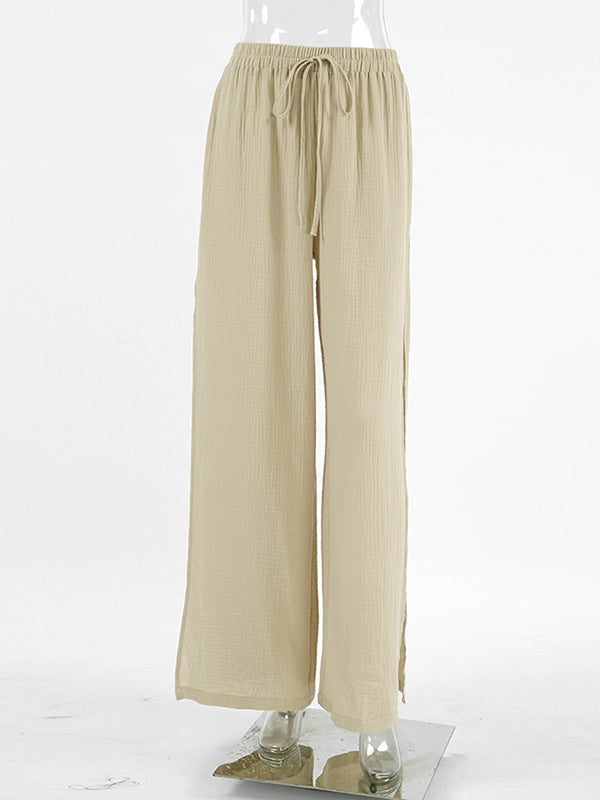 High Waisted Loose Drawstring Elasticity Solid Color Split-side Pants Trousers