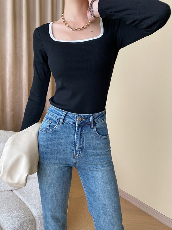 Long Sleeves Skinny Contrast Color Square-Neck T-Shirts Tops