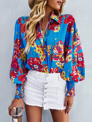 Long Sleeves Loose Buttoned Elasticity Flower Print Lapel Blouses&Shirts Tops