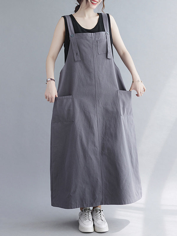 Casual Solid Color With Pocket Suspender Dress