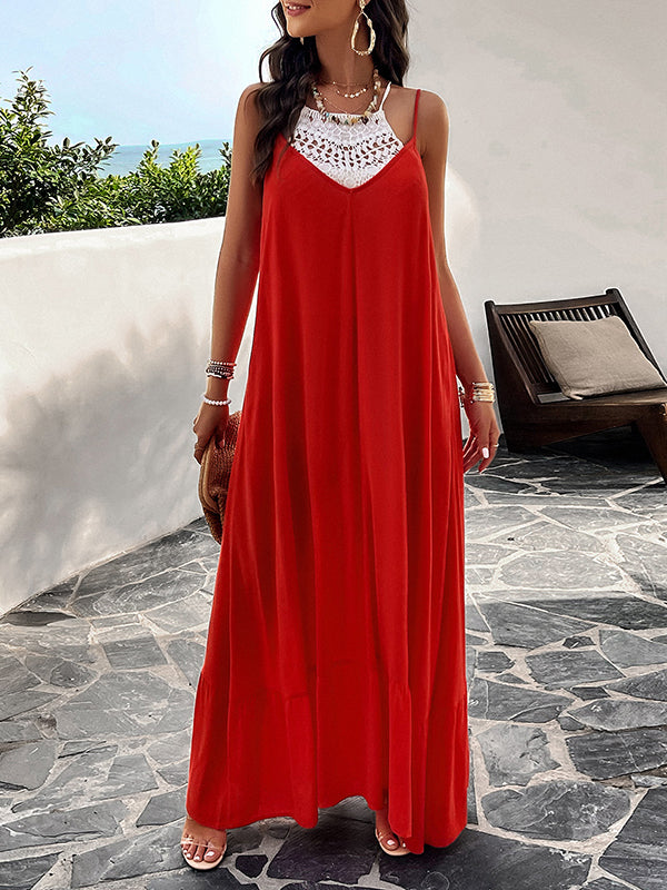 Loose Sleeveless Pleated Solid Color Split-Joint Spaghetti-Neck Maxi Dresses