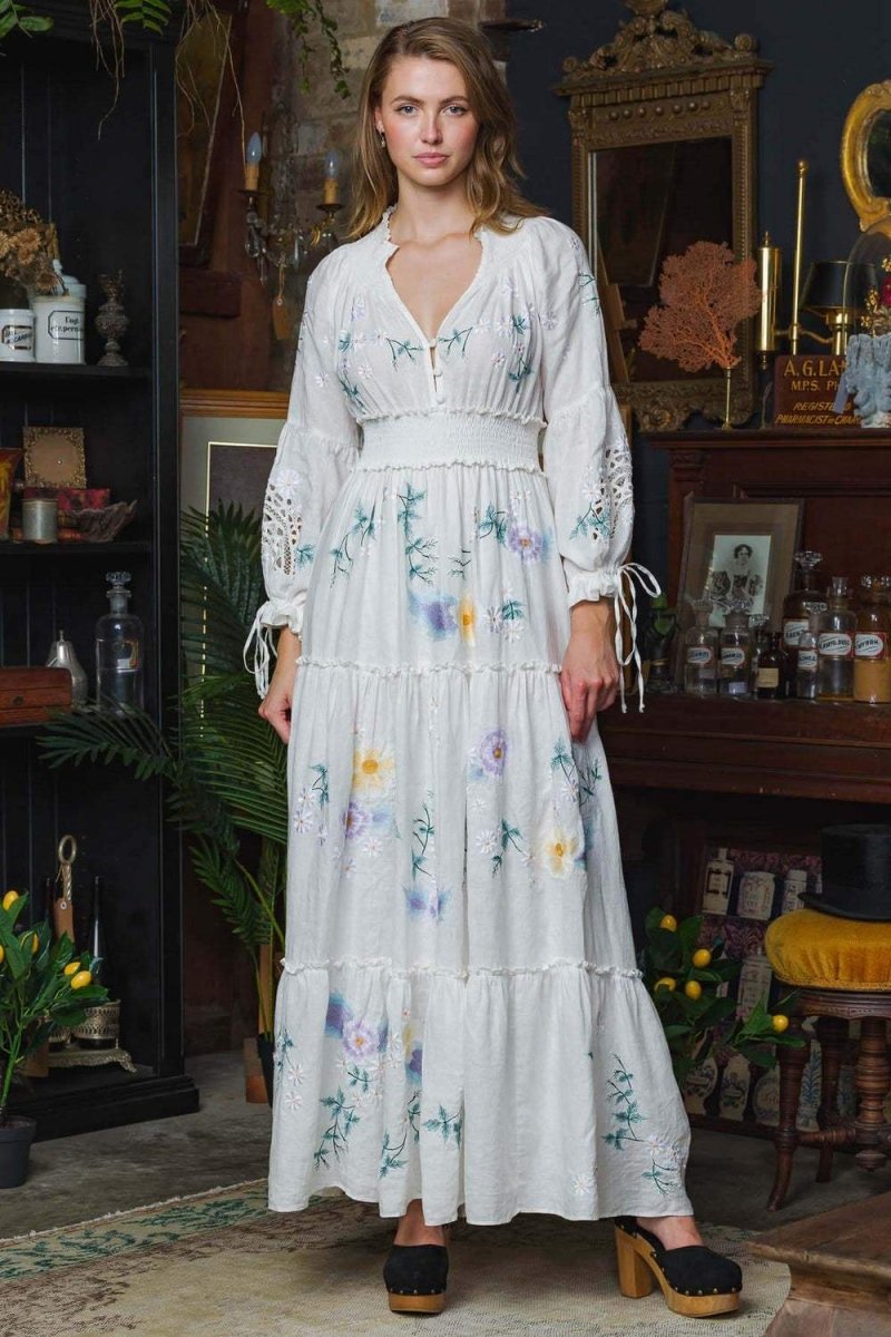 Cecilia Embroidered V-neck Shirred Maxi Dress