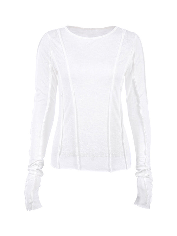 Long Sleeves Skinny Pleated Solid Color Round-Neck T-Shirts